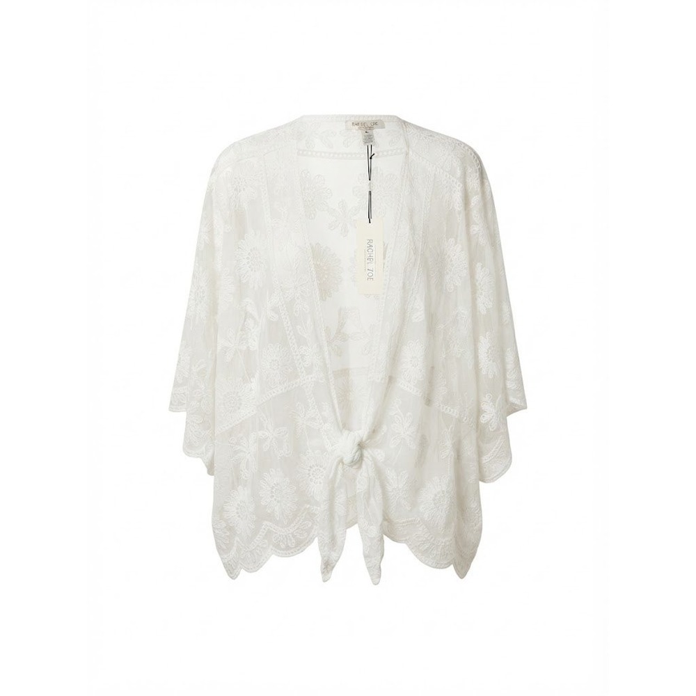 Rachel Zoe Kimono Women OS White Lace Tie Front Boho Chic Romantic Scalloped Hem